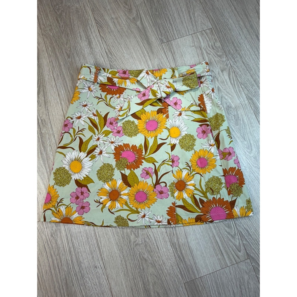 Spartina 449 Floral Mini Skirt Womens Medium Green Retro 70s Sunflower Tie Belt